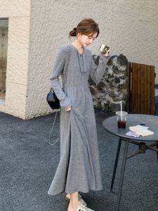 Gray Elegant A-Line Dress Womens Spring 2025 New Korean Design Waist-Cinching Slimming Long Sleeve Mid-Length round Neck