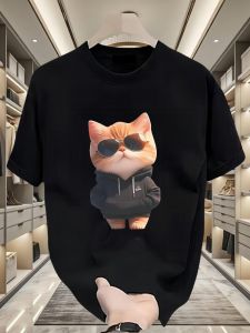 Áo Thun Tay Ngắn in Hình Mèo Hoạt Hình Phong Cách Mỹ Thời Trang Mùa Hè Mới Quần Áo Thường Ngày Bằng Cotton Nguyên Chất Tay Lửng
