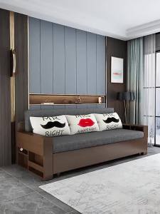 Multifunctional solid wood sofa bed small apartment living room study foldable push-pull dual-purpose with storage double sofa bed