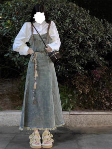 Next Kiss High เอว เดนิม เชือกแขวนคอ เดรส ผู้หญิง ฤดูใบไม้ร่วง ล้าง ขอบรุ่ย ความยาวปานกลางแบบวินเทจ ไม่มีสาย พรางหุ่น ชุดราตรี