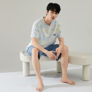 Miiow | Mens Summer Lightweight Short Sleeve Round Neck Cotton Pajamas Set Casual Comfortable Breathable Sleepwear MiiOW Cat Person