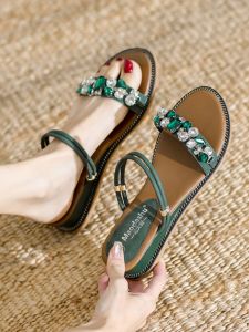 Womens Flat Sandals Summer Outdoor Beach Vacation Slip-On Comfortable Low Heel Bohemian Style Diamond Embellished Flats