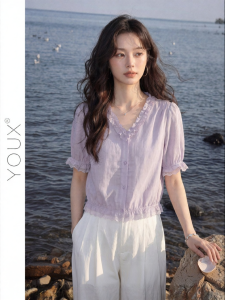 YOUXIANG | Áo Sơ Mi Tím Dễ Thương Form Rộng Slim Tay Ngắn