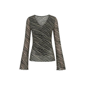 Zebra Stripe V-Neck Long Sleeve T-Shirt Slimming Layering Top