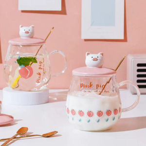 High Aesthetic Value Heat Resistant Glass Tea Cup Cute Cartoon Office Water Cup with Lid Spoon Home Use Flower Tea Cup