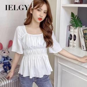 IELGY Small Shirt Womens Korean Style Super Fairy Square Neck Chiffon Puff Sleeve Waist Sweeping Top