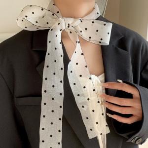 XUANXUAN | Elegant White Polka Dot Long Scarf Fashionable Neck Accessory Womens Spring Summer Autumn Polyester Fiber Decorative Scarf