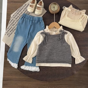 XBABY CLOTHES Setelan Lengan Panjang Sweater Korea 3in1 Anak Perempuan Celana Panjang Katun Nyaman + Jeans Usia 1-4 Tahun