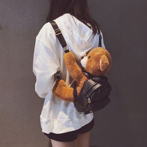 Cute Plush Bear Backpack Womens School Bag Animal Doll Winter Fashion Soft PU Leather Zipper Closure Cartoon Style Backpack