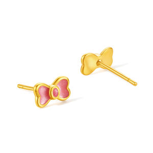 ZHOU LIU FU 周六福 999 24K Solid Gold Stud Earrings Butterfly Bow Studs Pink Butterfly Knot Enamel Stud Earring Dainty Jewelry for Women Girl Lover A0913240