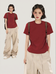 BAIDAIFEI | Red American Style Short Sleeve T-shirt