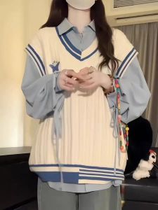 Áo Vest Nữ Cổ Chữ V Kẻ Sọc Mùa Xuân Thu Mới Thiết Kế Áo Khoác Ngoài Áo Sơ Mi Thắt Lưng Hai Mảnh Thời Trang