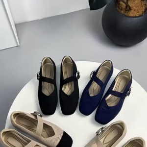 Ladies Square Toe Black Flat Shoes Classic Japanese Woven Knitted Shoes Women Anti-slip Large Size