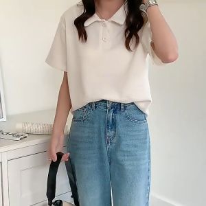 Women Casual Plain -Waffle Knit -Polo T-Shirt Korea Style Blouse