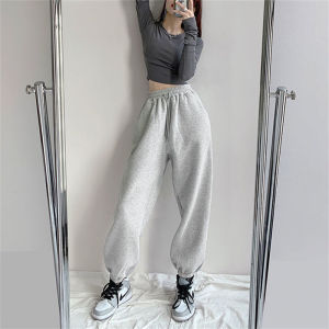 Womens High Waist Fleece Lined Wide Leg Harlan Pants Autumn Winter Loose Fit Drawstring Cuffed Grey Sports Versatile Trousers