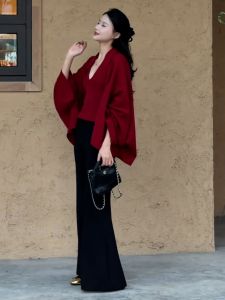 Elegant Red Knitted Suit Set for Women Autumn Winter High Waist Straight Leg Pants Casual Commute Style Polyester Fiber