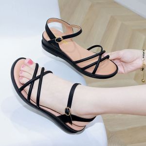 Leather Flat Bottom Sandals Womens Summer New Fashion Not Tired Foot Anti-Slip Buckle Beach Shoes Korean Style Low Heel