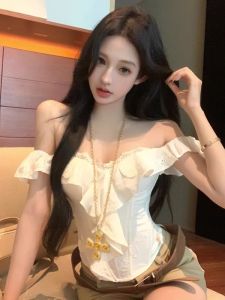 GUZILIAN |  Lace Patchwork Pure Desire Strapless Crop Top Women Summer Fishbone Slim Fit Sleeveless Outerwear Design Spicy Girl Top