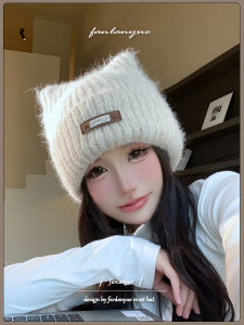 Cat Ears Woolen Cap Female Winter Series Sweet Cute Knitted Hat Soft Mohair Earmuffs Hat Heattech Big Head Circumference