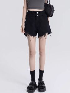 Summer High Waist Wide Leg Denim Shorts Women plus Size Tassel Hem Double Buckle Loose Slimming Hot Pants Black Jeans Shorts