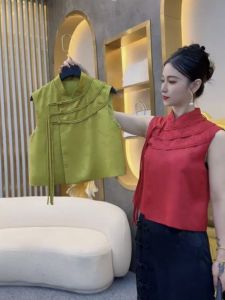 Retro Chinese Style Short Top Button Design Summer New Fashion Embroidered Vest Sleeveless Womens Clothing Polyester Fiber