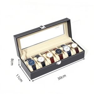 Watch Case Organizer with Real Glass Lid Wood Grain PU Leather Watch Display Storage Box with Removable Imitation Suede Watch