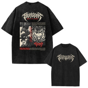 Berserk Print Vintage Acid Washed Cotton T-shirt for Men Women Casual Oversized Tshirt Tee Short Sleeve Tops Harajuku Streetwear