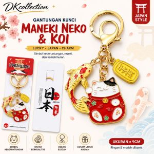 Gantungan kunci Jepang souvenir keychain Maneki Neko & Koi hadiah khas Tokyo berukuran 9 cm pilihan warna merah dan hitam simbol keberuntungan dan rezeki.