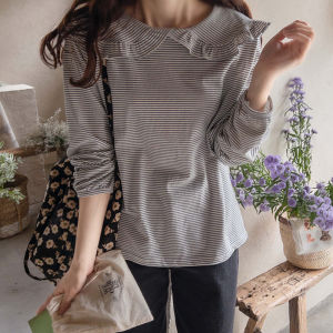 เสื้อยืดคอกลมแขนยาวผ้าฝ้ายลายทางสีดำขาวสไตล์เกาหลีสำหรับผู้หญิง เสื้อชั้นในฤดูใบไม้ผลิและฤดูร้อน รุ่นใหม่