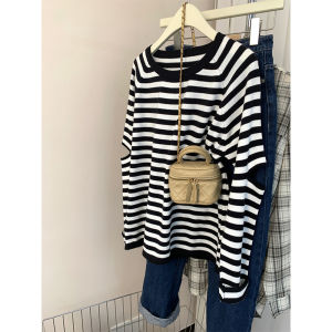 Womens Knitted Hollow out Striped Top Loose Long Sleeve Spring Autumn Comfortable Base T-Shirt Korean Style round Neck Pullover