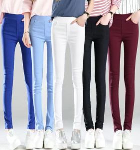 High Waist Slim Fit Candy Color plus Size Womens Pencil Pants Elastic Student Summer Trousers Casual Cotton Polyester Blend