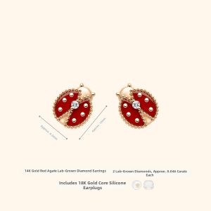 Helas | 14K Gold Earrings Red Agate Ladybug Design with Lab-Created Diamond
