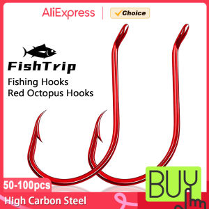 FishTrip Red Octopus Hooks 25-100PCS Circle Hook Offset 2X Strong Live Bait Barbed Carp Hook Saltwater Freshwater Catfish Bass