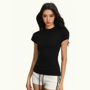 Agoh สลิมฟิต เสื้อยืดแขนสั้นคอกลม ผู้หญิง สไตล์พื้นฐาน ฤดูร้อน วินเทจ เซ็กซี่ ผ้าฝ้าย โพลีเอสเตอร์ สแปนเด็กซ์ Blend เสื้อท่อนบน