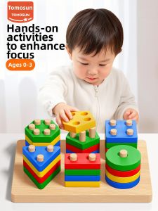 TONGMUXING | Color Shape Recognition Educational Toy Montessori Style Geometric Column Pairing