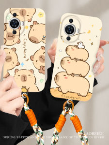 Huawei Nova11 Phone Case Full Cover Lens Anti-Fall Cartoon Strap Cute Capybara Design Premium Film Shell Silicone Material