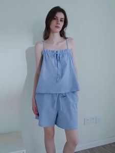 Color Woven Bubble Gauze Short Romper Pajama Set for Women