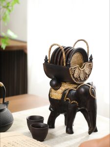 จานรองถ้วยน้ำไม้เนื้อแข็ง เสื่อถ้วยน้ำชาไม้เนื้อแข็ง จานรองถ้วยชาบ้าน รูปร่างช้างถือที่ใส่ ทำสีเก่าย้อนยุค ชุด 6 ชิ้น