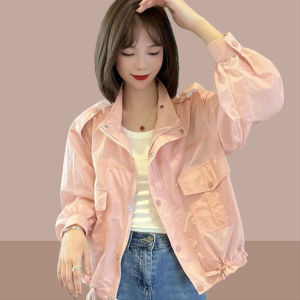 เสื้อคลุมกันแดดทรงหลวมสำหรับผู้หญิง ฤดูร้อนปี 2025 เสื้อคลุมกันแดดแบบบาง คอตั้ง กระเป๋า ผ้าฝ้ายผสมโพลีเอสเตอร์ แขนยาว