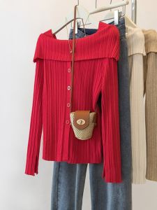 Red Knitted Slim Fit Sweater One Shoulder Design New Year Womens Fashion Commute Style Long Sleeve Crew Neck Top