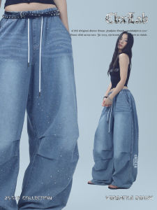 CBXLAB Street Dance Trendy Blue Rhinestone Vintage Paratrooper Denim Hip Hop Long Pants American Street Hot Girl Casual Pants