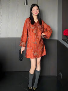 New Chinese Style Retro Fashion Orange Dress Loose V-Neck Slimming Autumn New Arrival Womens Long Sleeve High Waist Daily Dress