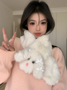 XUANXUAN | ผ้าพันคอขนสุนัขลายการ์ตูนน่ารักสำหรับผู้หญิง ผ้าพันคอแบบยาวป้องกันคอ ผ้าโพลีเอสเตอร์ ฤดูหนาว 2024 สไตล์เกาหลี อบอุ่นและสวมใส่สบาย