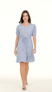 Krizia Cotton Printed V Neck Flounce Hem Shift Dress