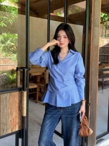 Elegant Striped Long Sleeve Shirt Womens Early Autumn 2025 New Style Irregular Slimming Tie Waist Collared Ladies Blouse