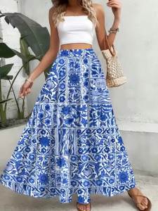 Printed Design Four Seasons Blue and White Tile Pattern Printed Holiday Style Half Skirt