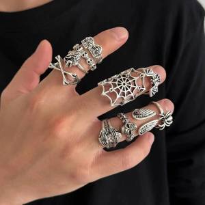 IngeSight.Z 10Pcs/Set Goth Creative Skull Spider Rings Men Vintage Punk Silver Color Hollowout Trend Ring Festival Party Jewelry