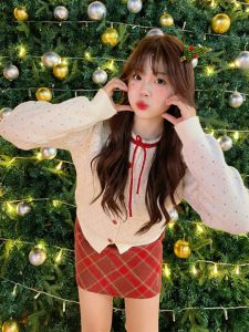 Red Christmas  Atmosphere New Years Day Dress Set Autumn Winter High Waist A-Line Skirt Long Sleeve round Neck Two-Piece Set