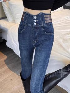 WANGGONGZHU | High Waist Thickened Fleece Womens Skinny Jeans Casual Style Zipper Closure Long Pants Slimming Design Autumn Winter New Arrival