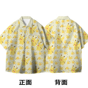 Summer Pokemon Hawaiian Style Anime Print Short Sleeve Shirt Mens Couple Wear Trendy Shirt Cardigans for Men and Women